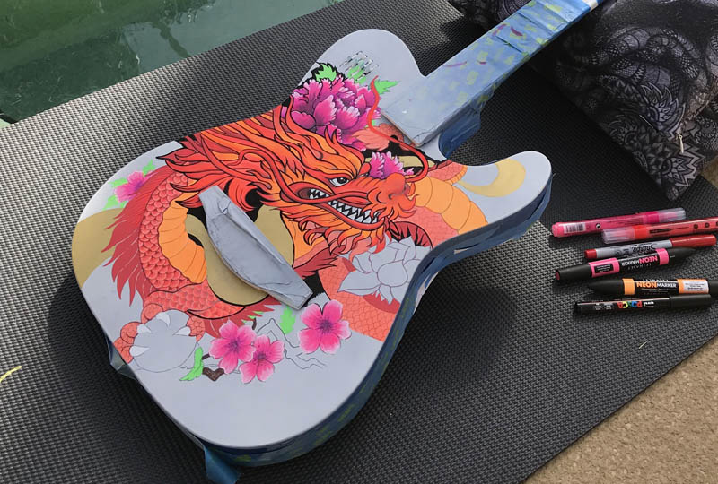 custom guitar painting with dragon and lotus